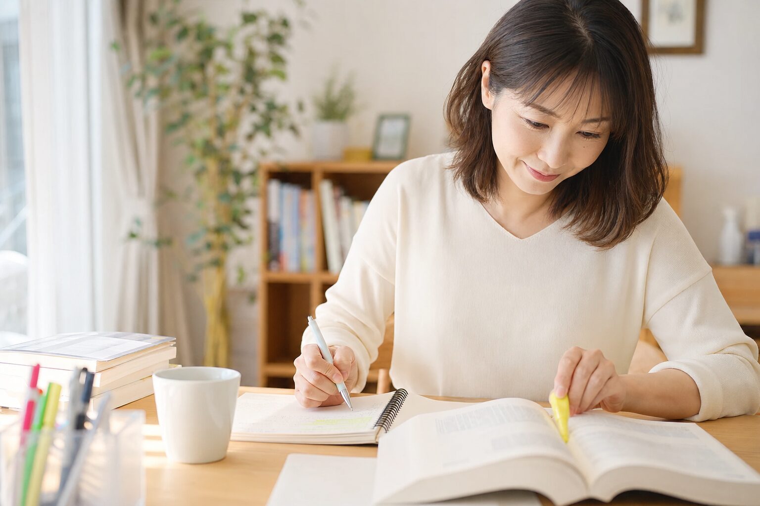 テキストにマーカーを引き要点をまとめる女性
